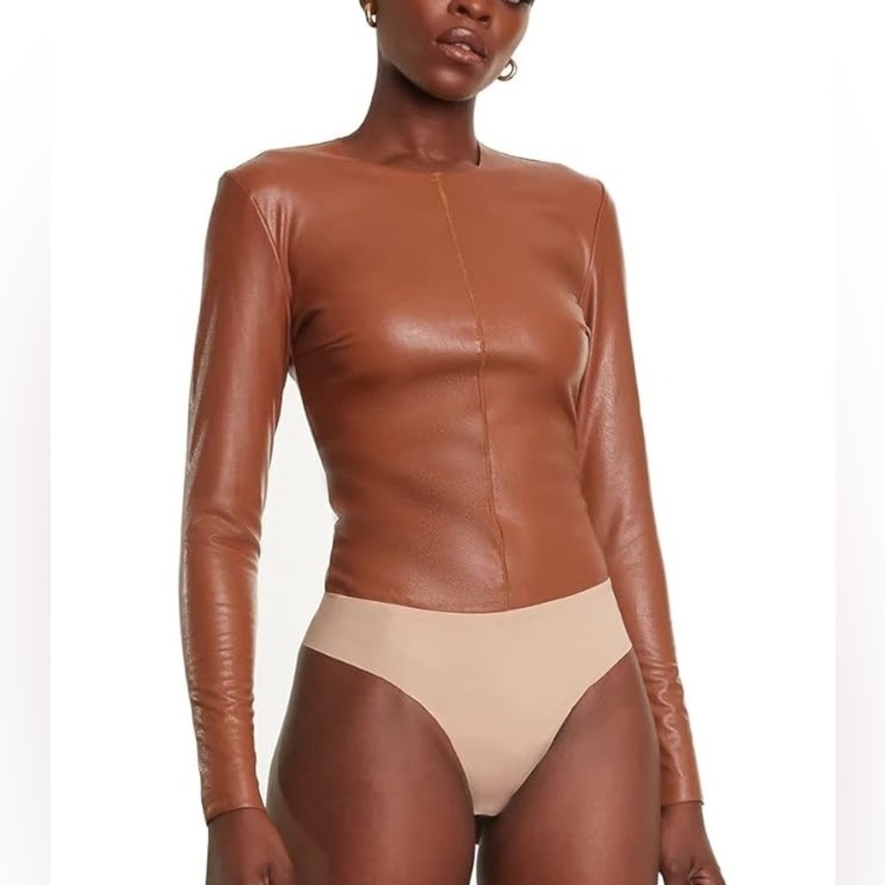 Commando Faux Leather Longsleeve Crew Bodysuit Brown Tan Small